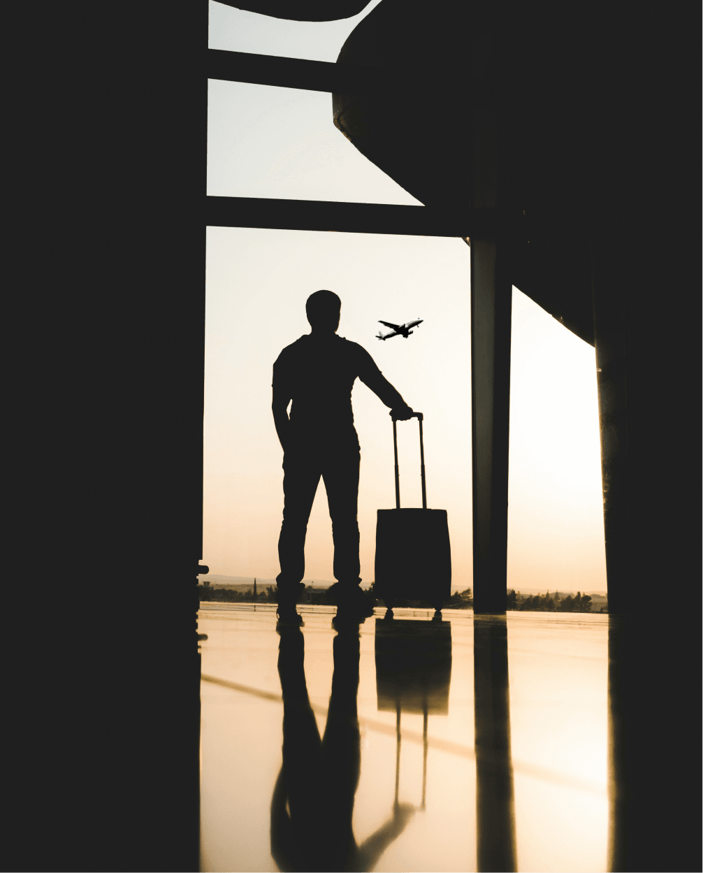 Traveler with suitcase watching an aircraft at sunset